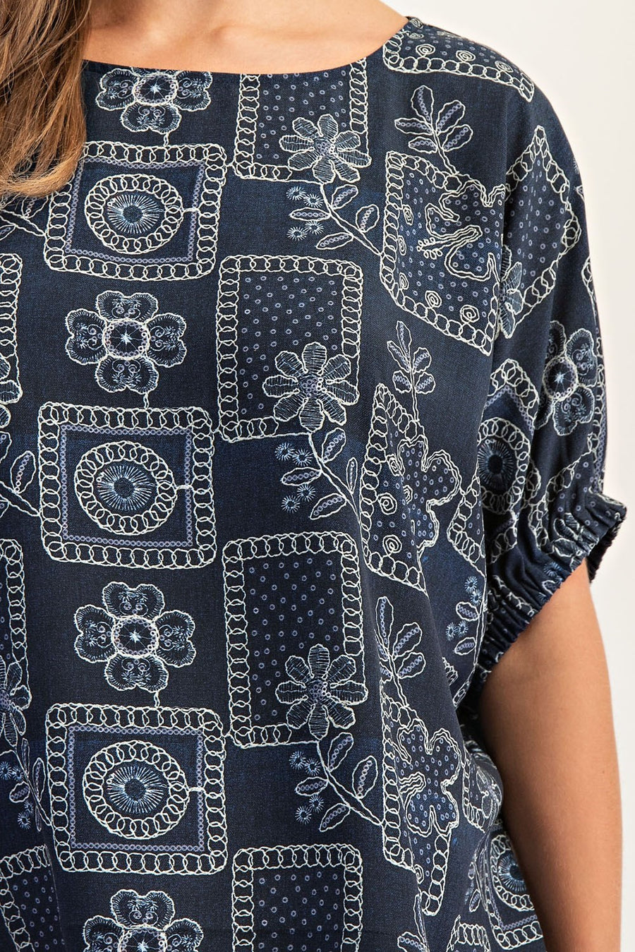 Banjo Drop Elastic Sleeve Floral Patchwork Pattern Blouse Top