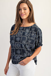 Banjo Drop Elastic Sleeve Floral Patchwork Pattern Blouse Top
