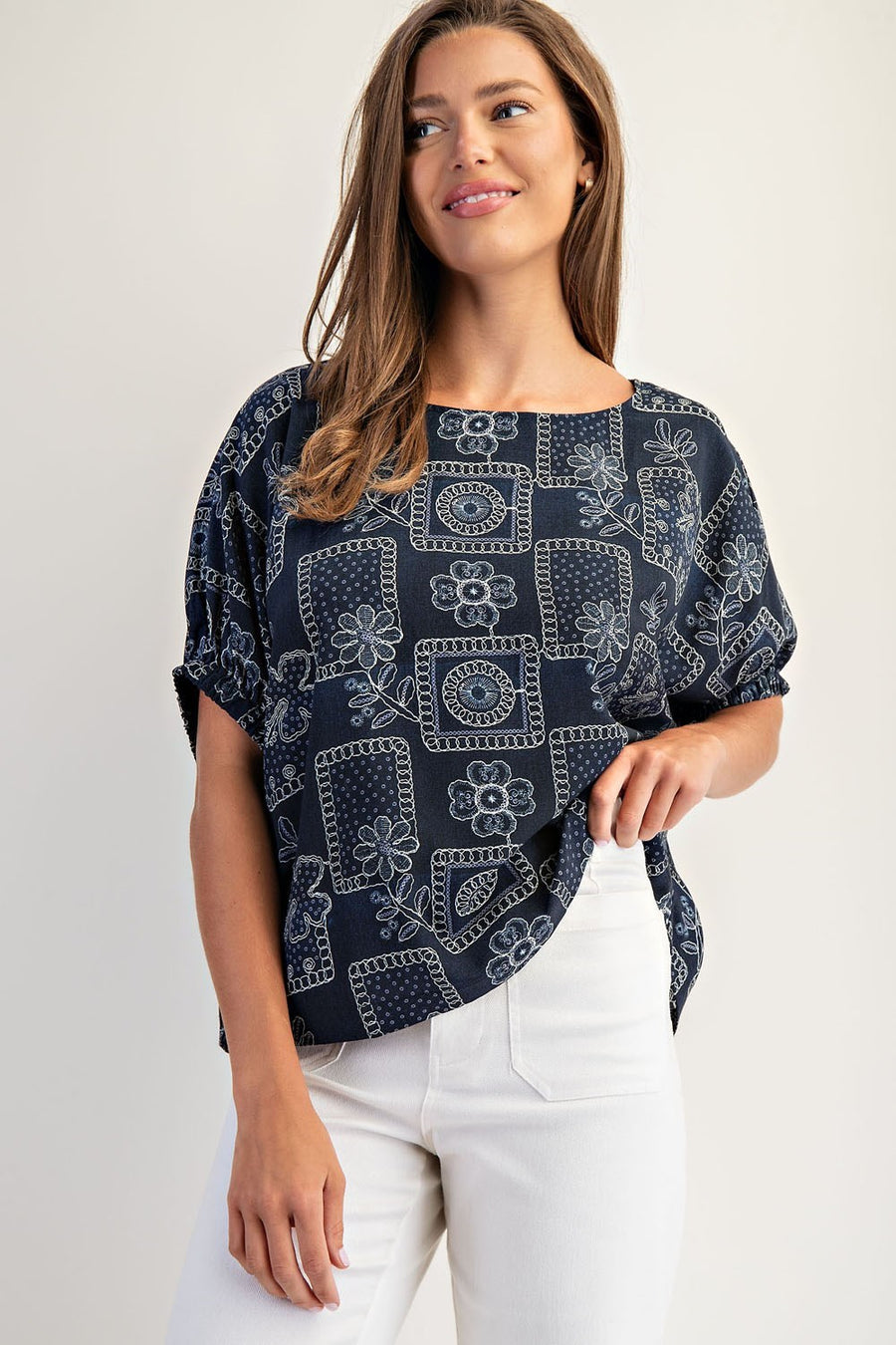 Banjo Drop Elastic Sleeve Floral Patchwork Pattern Blouse Top