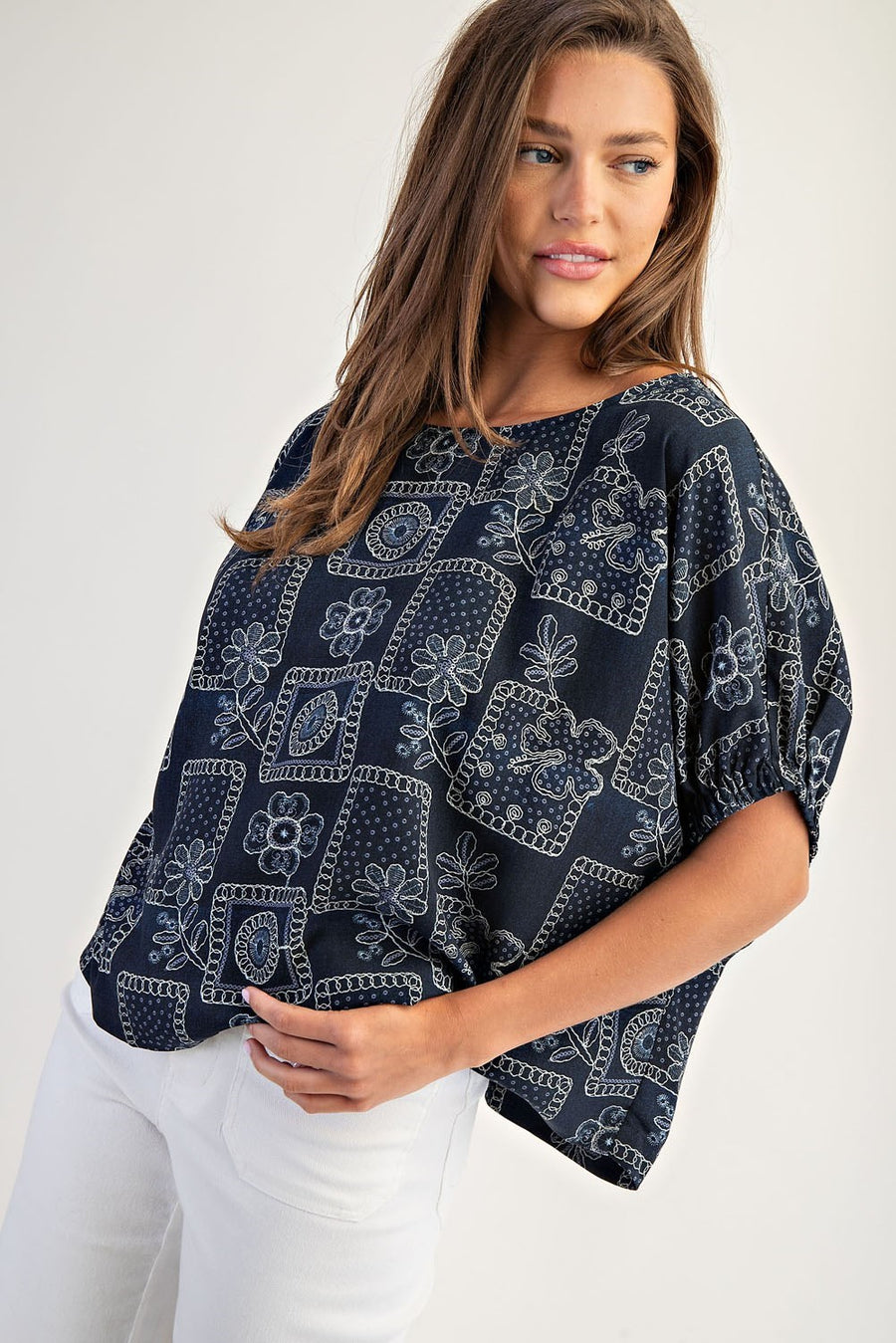 Banjo Drop Elastic Sleeve Floral Patchwork Pattern Blouse Top
