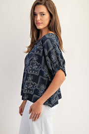 Banjo Drop Elastic Sleeve Floral Patchwork Pattern Blouse Top
