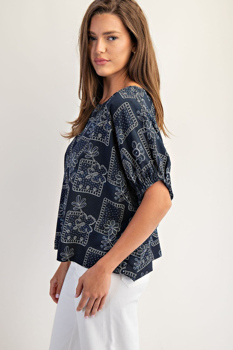 Banjo Drop Elastic Sleeve Floral Patchwork Pattern Blouse Top