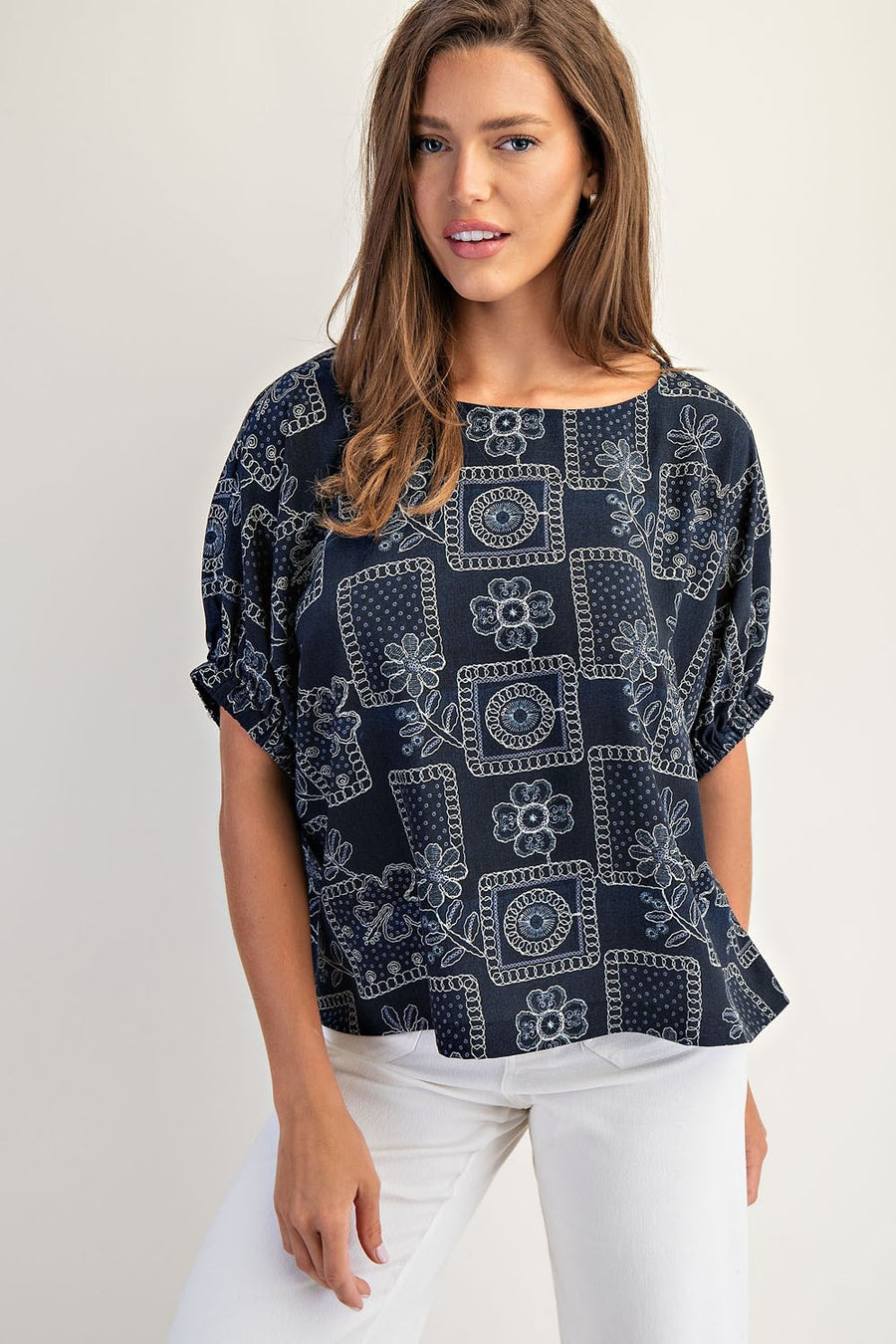 Banjo Drop Elastic Sleeve Floral Patchwork Pattern Blouse Top