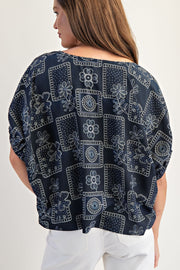 Banjo Drop Elastic Sleeve Floral Patchwork Pattern Blouse Top