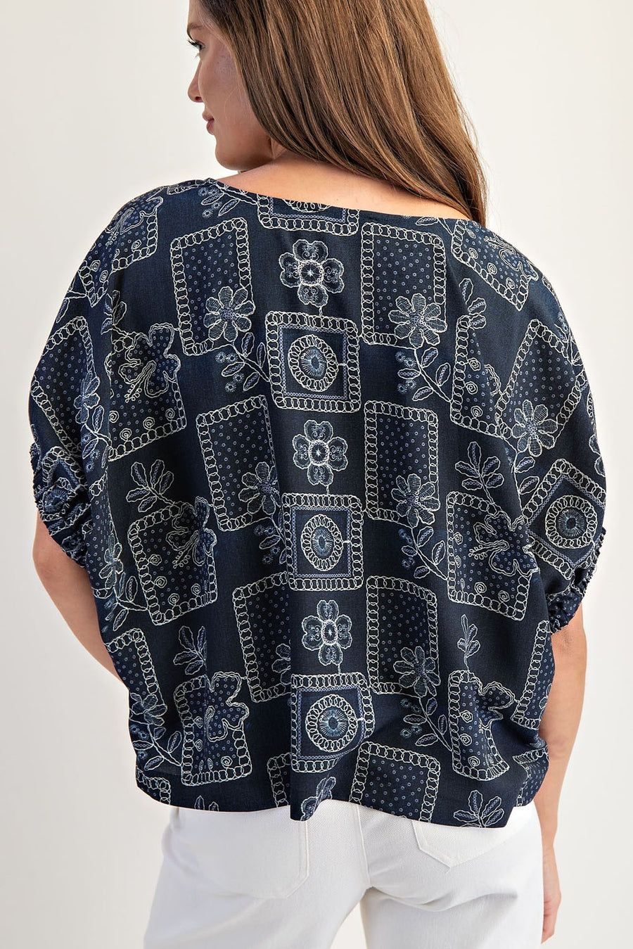 Banjo Drop Elastic Sleeve Floral Patchwork Pattern Blouse Top