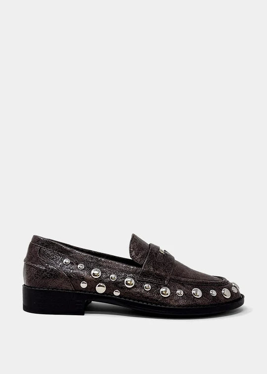 Trisha - Dark Taupe - Metallic Stud Loafer by Shu Shop