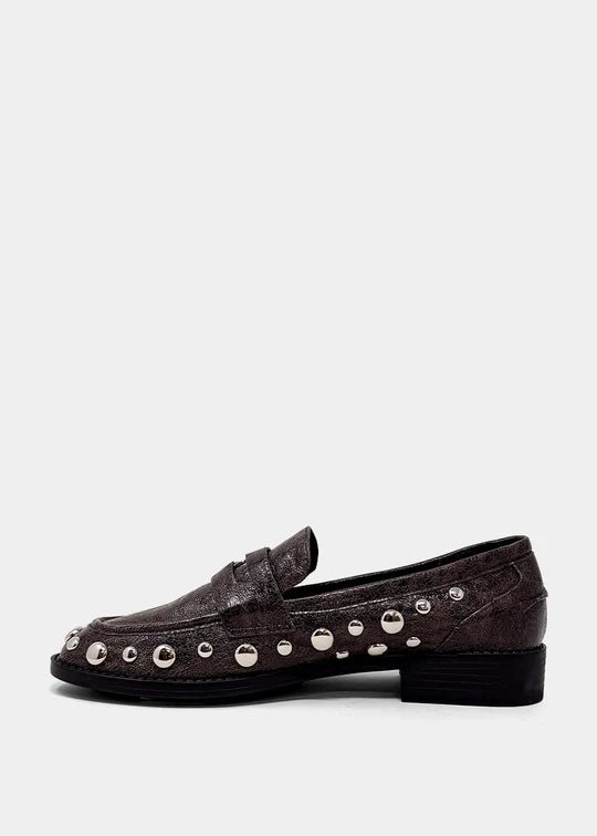 Trisha - Dark Taupe - Metallic Stud Loafer by Shu Shop