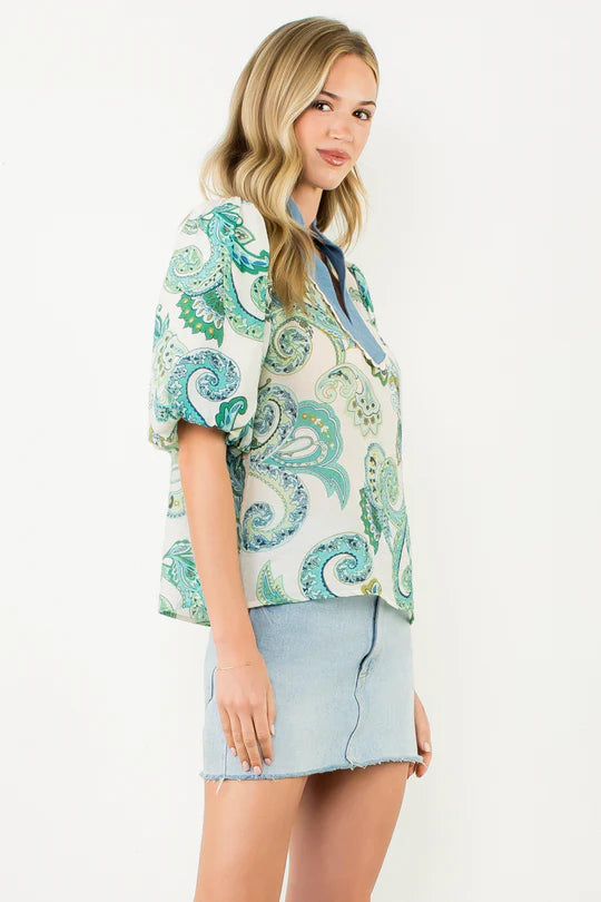 Paisley Chambray Puff Sleeve Embroidered Top by THML