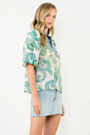 Paisley Chambray Puff Sleeve Embroidered Top by THML