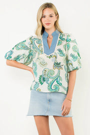 Paisley Chambray Puff Sleeve Embroidered Top by THML