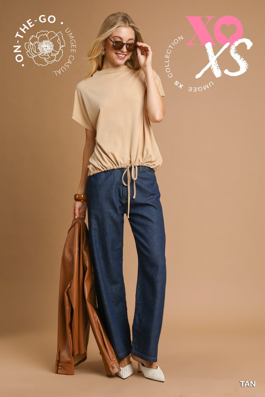 Helena High Neck Short Sleeve Drawstring Waist Top