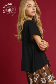 Helena High Neck Short Sleeve Drawstring Waist Top