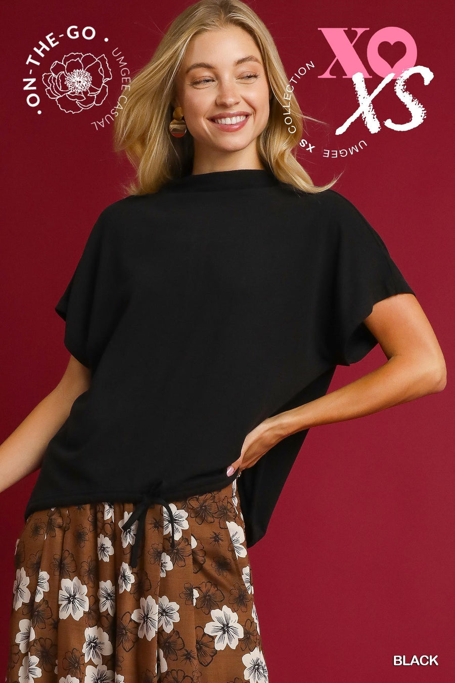 Helena High Neck Short Sleeve Drawstring Waist Top