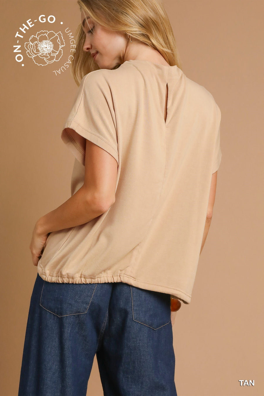 Helena High Neck Short Sleeve Drawstring Waist Top