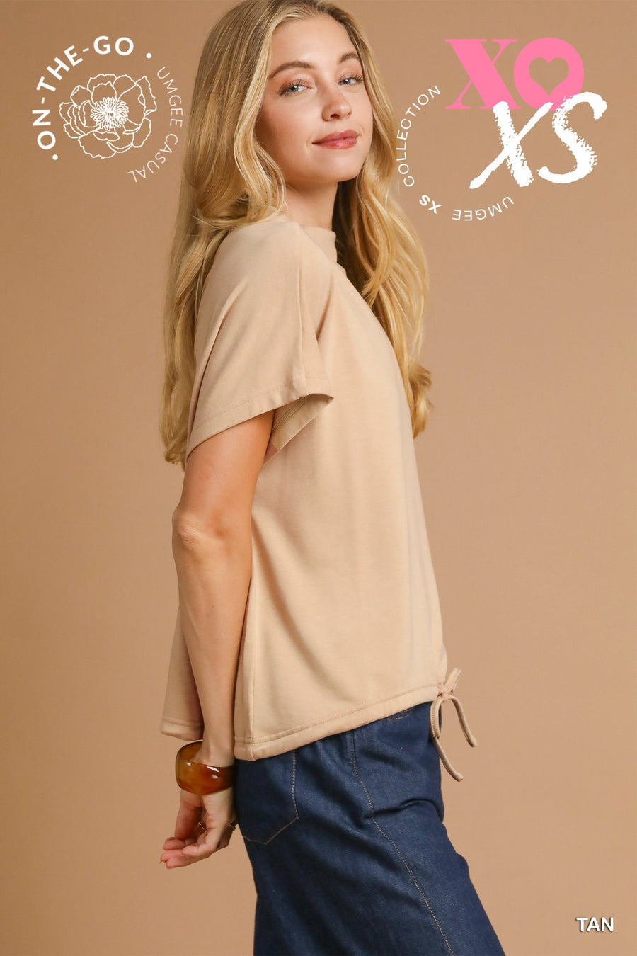 Helena High Neck Short Sleeve Drawstring Waist Top
