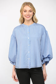 Elladine Pinstripe Puff Sleeve Button Down Shirt Blous