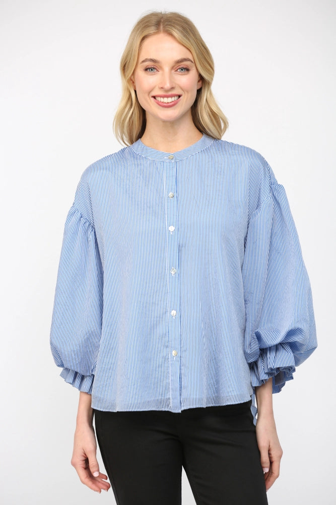 Elladine Pinstripe Puff Sleeve Button Down Shirt Blous