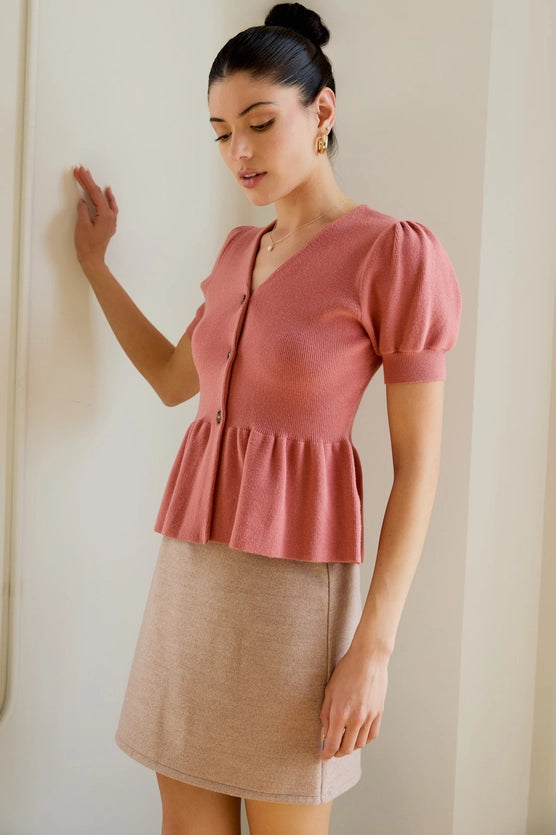 Aria V-Neck Button Front Peplum Sweater Knit Top