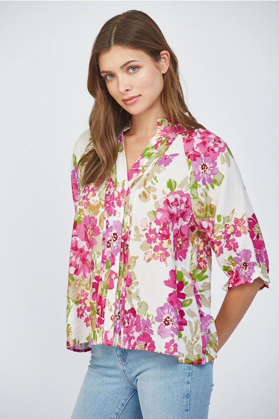 Painted Gardens Floral Print Button Placket Blouse Top