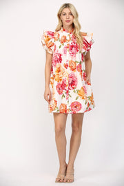 Grandiflora Roses Pintuck Ruffle Sleeve Mini Dress