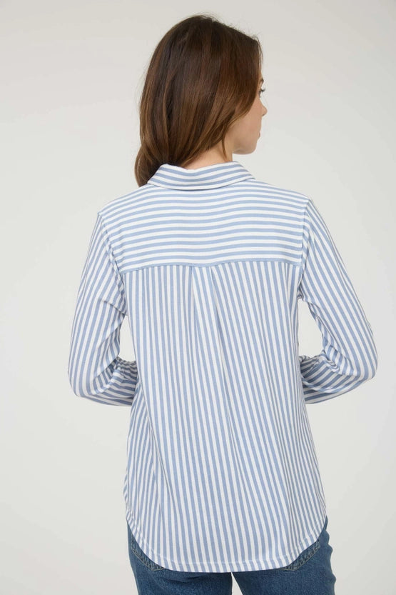 Toni Stripe Collared Long Sleeve Button Down Knit Shirt Blouse