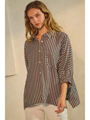 Dasha Striped Button Down 3/4 Sleeve Oversized Shirt