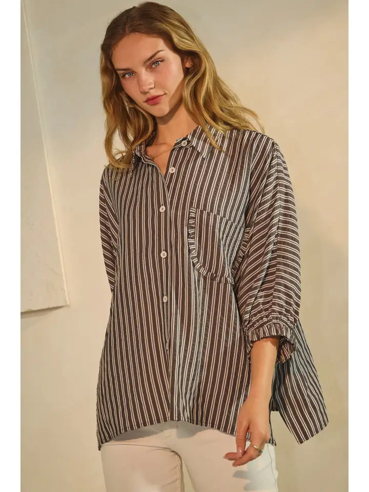 Dasha Striped Button Down 3/4 Sleeve Oversized Shirt