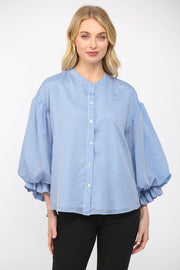 Elladine Pinstripe Puff Sleeve Button Down Shirt Blous