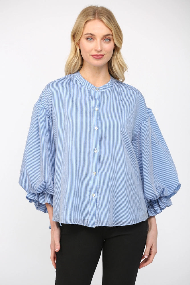 Elladine Pinstripe Puff Sleeve Button Down Shirt Blous