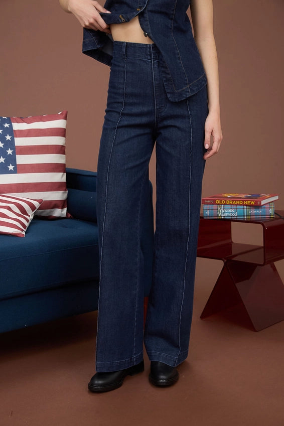 Bree High Waist Pintuck Seam Wide Leg Denim Pants