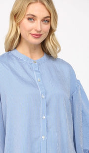Elladine Pinstripe Puff Sleeve Button Down Shirt Blous