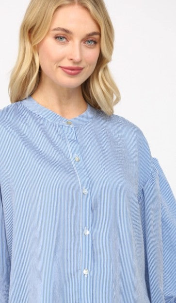 Elladine Pinstripe Puff Sleeve Button Down Shirt Blous