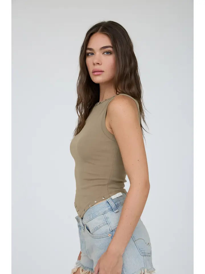Steel Boat Neckline Stud Trim Knit Top