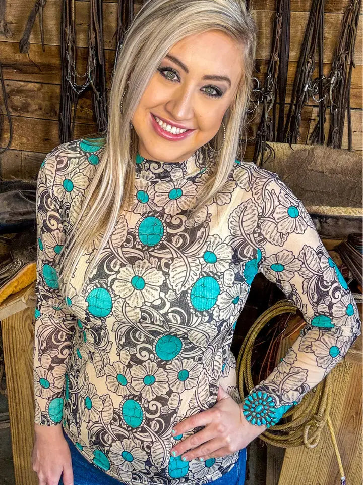 Tattoos on This Town Printed Mesh Long Sleeve Top