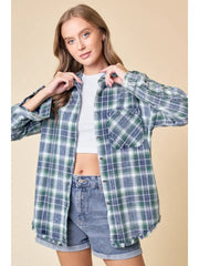 Sasha Washed Denim Plaid Button Down Shirt with Frayed Hem