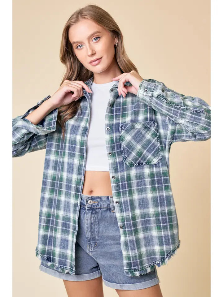 Sasha Washed Denim Plaid Button Down Shirt with Frayed Hem