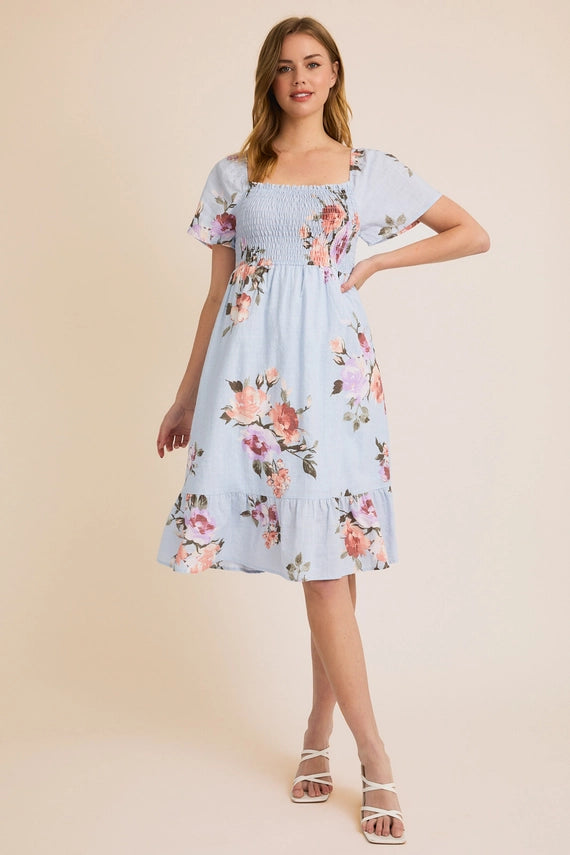 Dinah Short Sleeve Smocked Floral Midi Dress