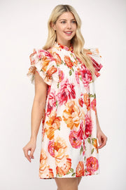 Grandiflora Roses Pintuck Ruffle Sleeve Mini Dress