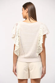 Lara Crochet Contrast Flutter Sleeve V-Neck Sweater