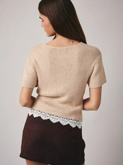 Lila Button Front Short Sleeve Lace Hem Sweater Top