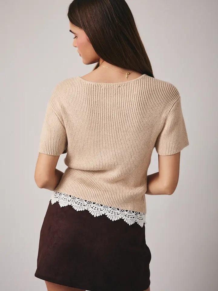 Lila Button Front Short Sleeve Lace Hem Sweater Top