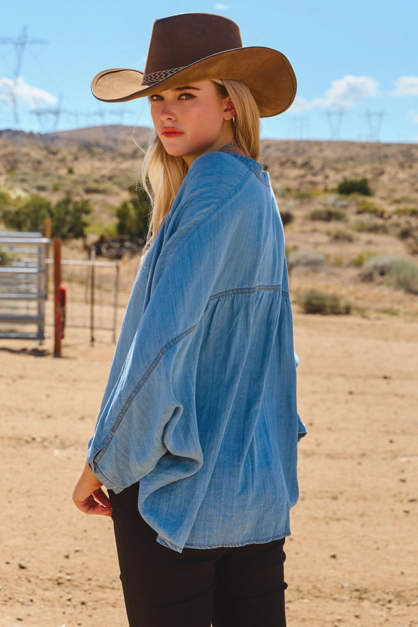 Nico Light Washed Chambray Denim V-Neckline Blouse