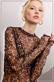 Delta Leopard Print Semi-Sheer Long Sleeve Mesh Top