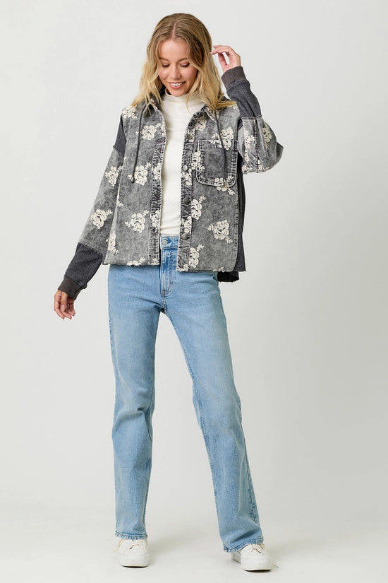 Jessamine Flower Embroidery Hoodie Corduroy Jacket