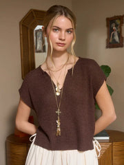 Alana Split Neck Cap Sleeve Ribbon Knit Pullover