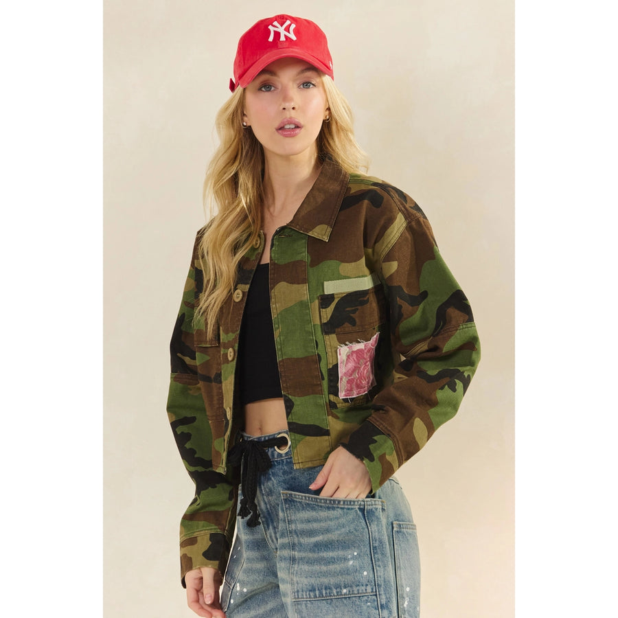Camo-N-Roses Cropped Camo Printed Jacket