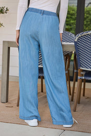 Nico Light Washed Chambray Denim Flowy Wide Leg Pants