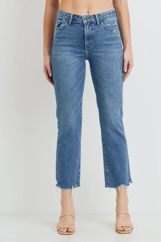 High Rise Vintage Straight Slim Straight Crop Jean with Distressed Hem