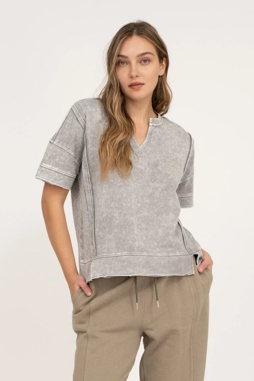 Elyse Mineral Washed Split Neck Short Sleeve Top