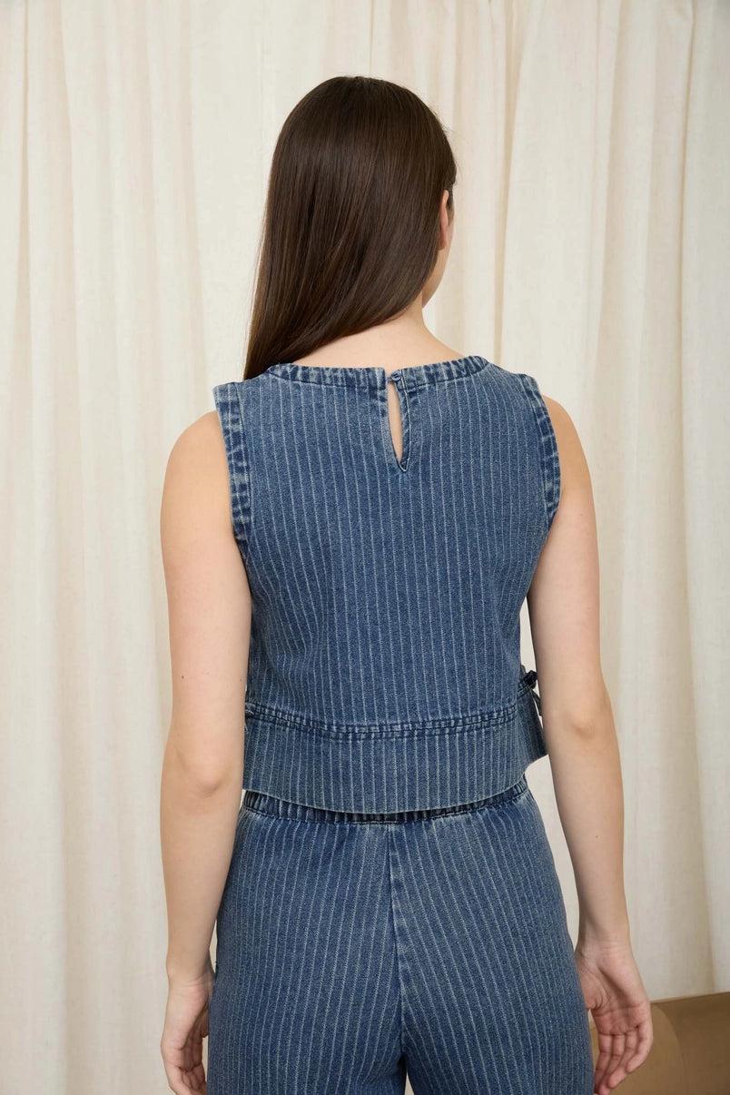Tessa Sleeveless Side-Tie Striped Washed Denim Crop Top